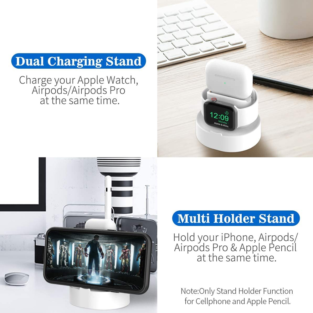 Doppelter weißer Ladeständer für Apple Watch, AirPods und iPhone, mit Tastatur, Telefon und Halterungsständer.