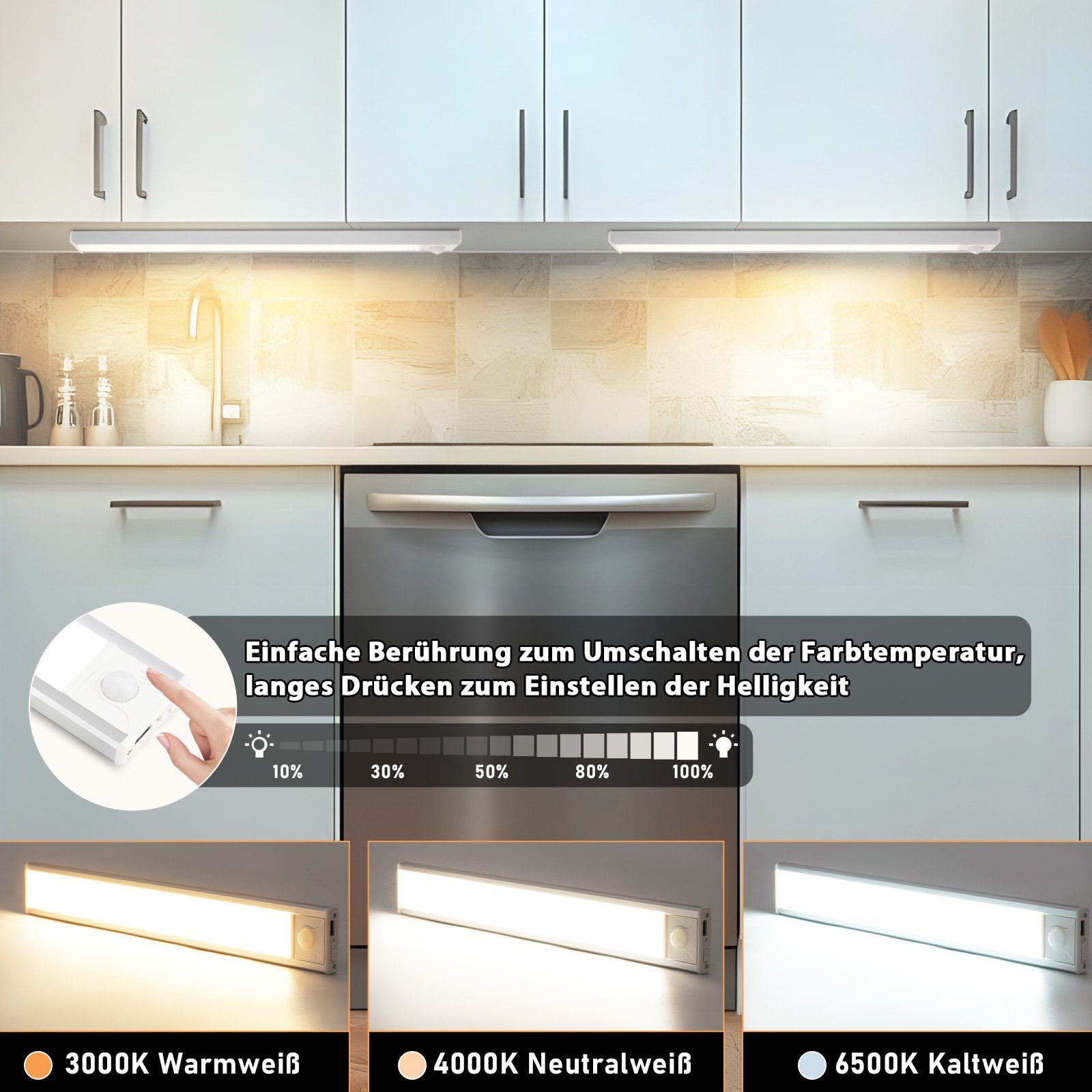 Kuchnia z oświetleniem podszafkowym. Sterowanie dotykowe kolorem i jasnością światła. Różne ustawienia światła.