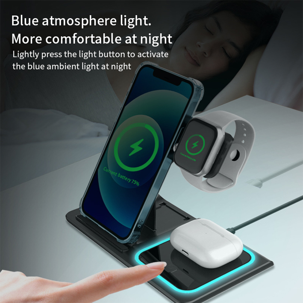 Das Bild zeigt eine kabellose Ladestation mit einem Telefon, einer Uhr und Ohrhörern, die mit einem blauen Licht ausgestattet ist.