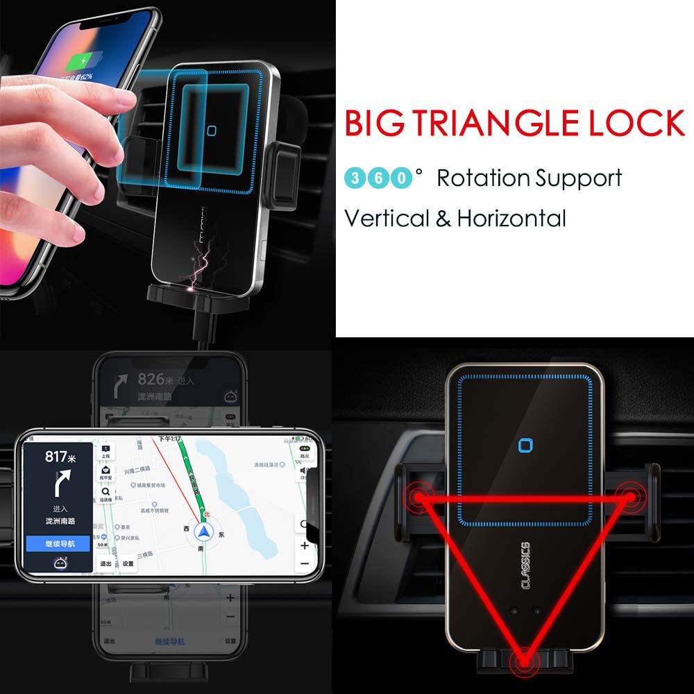 Das Bild zeigt eine Telefonhalterung mit 360°-Drehung und Diagramme zur Platzierung im Auto.