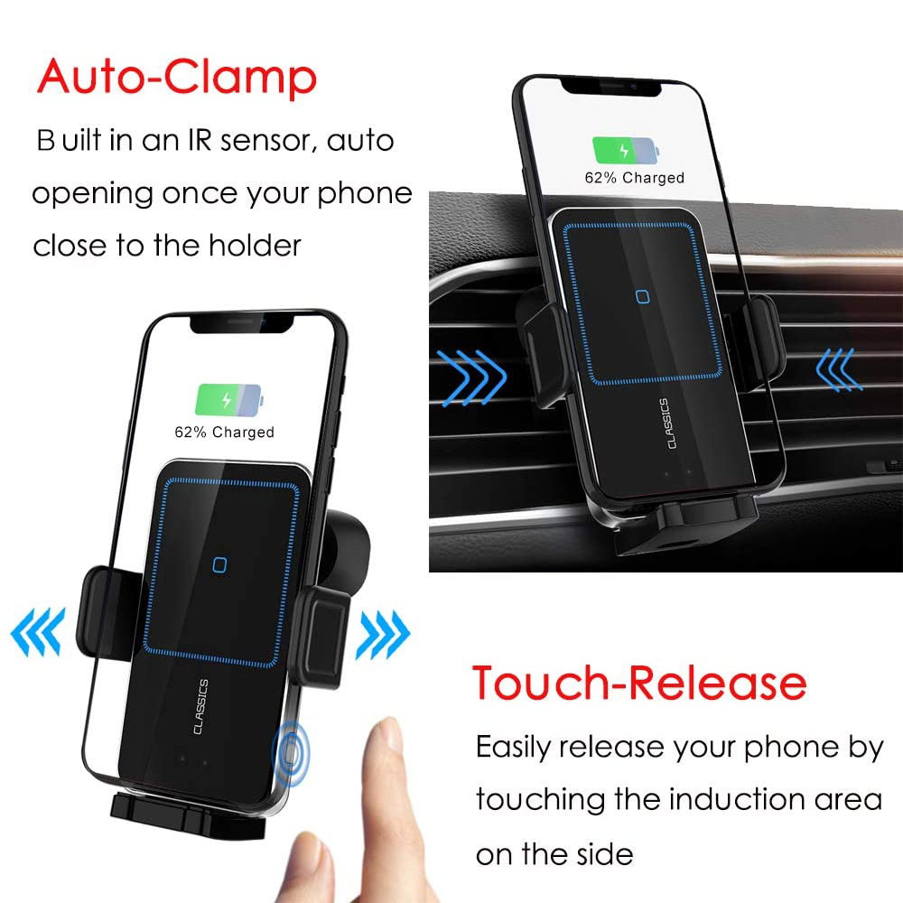 Das Bild zeigt eine Autotelefonhalterung mit Auto-Clamp und Touch-Release sowie Werbetext.