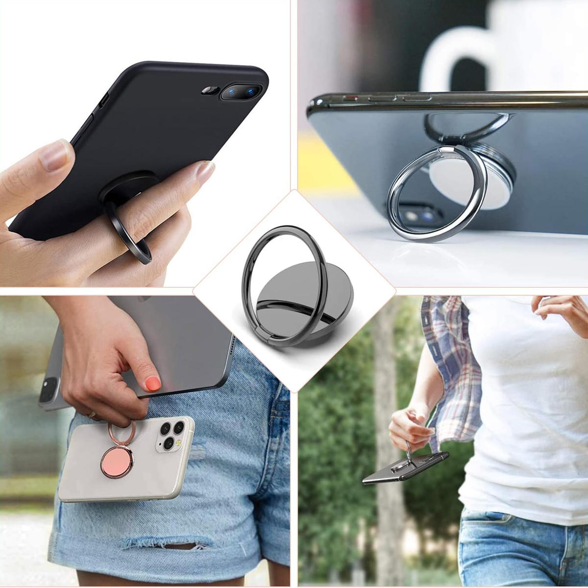 Collage mit Telefonringhaltern, die an Telefonen, Tablets und Händen befestigt sind und ihre Vielseitigkeit demonstrieren.