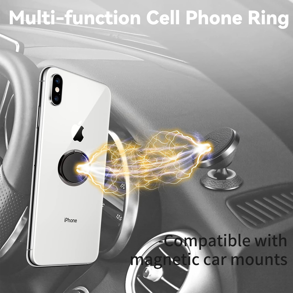 Ein weißes iPhone mit einem schwarzen Ringhalter ist magnetisch an einer Autohalterung auf einem Armaturenbrett befestigt.
