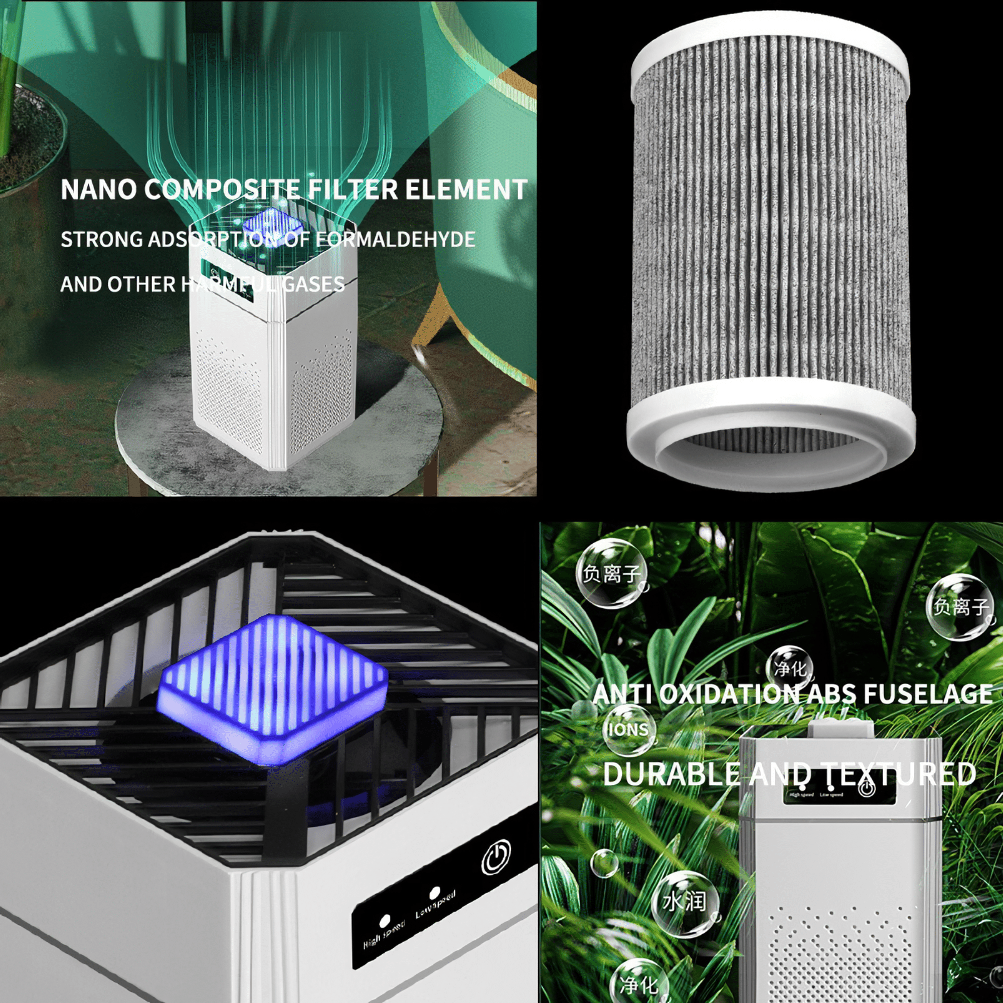 Collage eines weißen Luftreinigers, der sein Nano-Komposit-Filterelement, den ABS-Rumpf und das strukturierte Design zeigt.