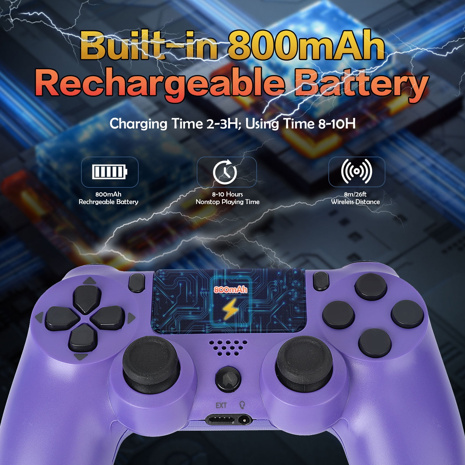 Ein lila Gamecontroller wird mit transparenten Overlay-Grafiken angezeigt, die seine Funktionen und Spezifikationen zeigen.