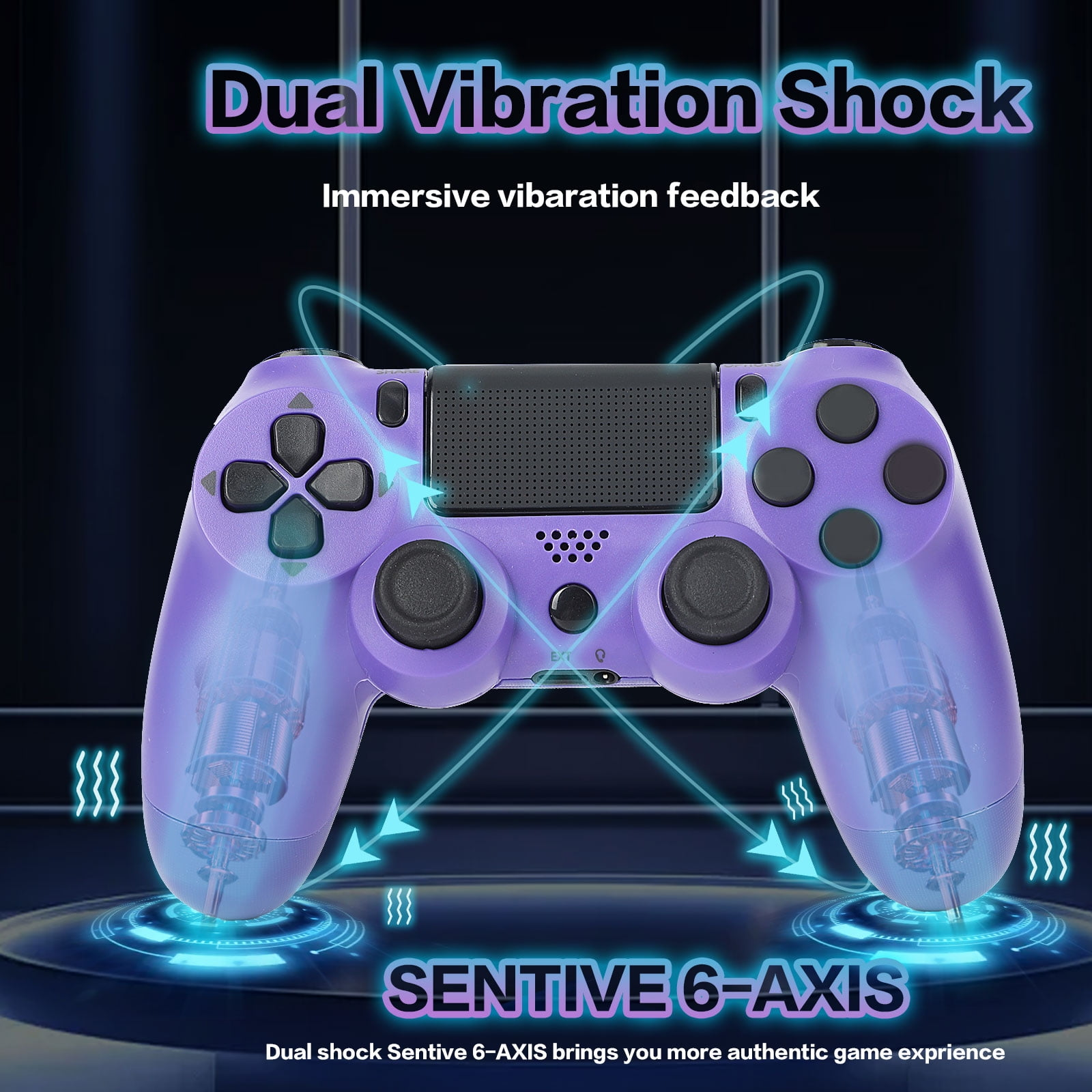 Lila Gamecontroller mit Grafiken, die seine Dual Vibration Shock- und Sensive 6-Achsen-Funktionen hervorheben.