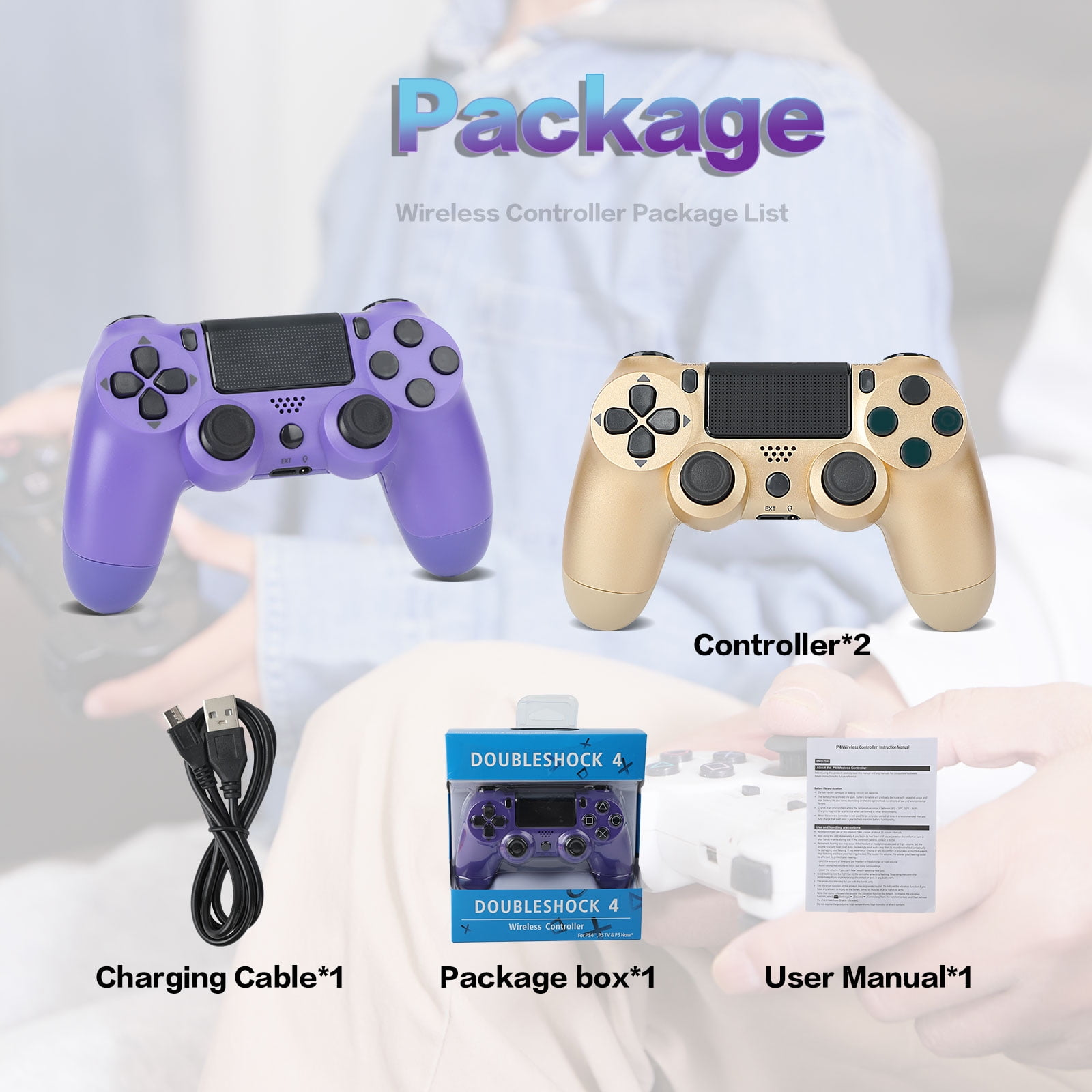Bild, das eine Verpackung mit zwei Gamecontrollern, einem Ladekabel und einem Benutzerhandbuch zeigt.