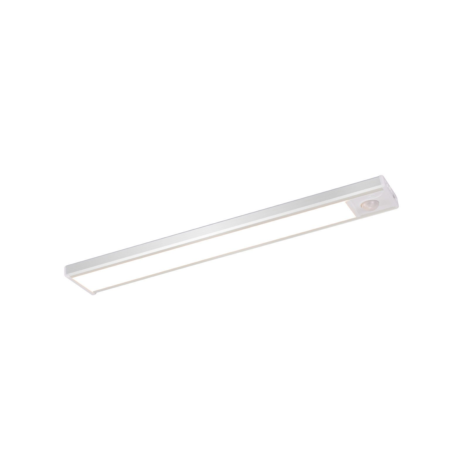 Una lunga luce LED bianca rettangolare con un sensore sul lato destro, angolata su uno sfondo bianco.