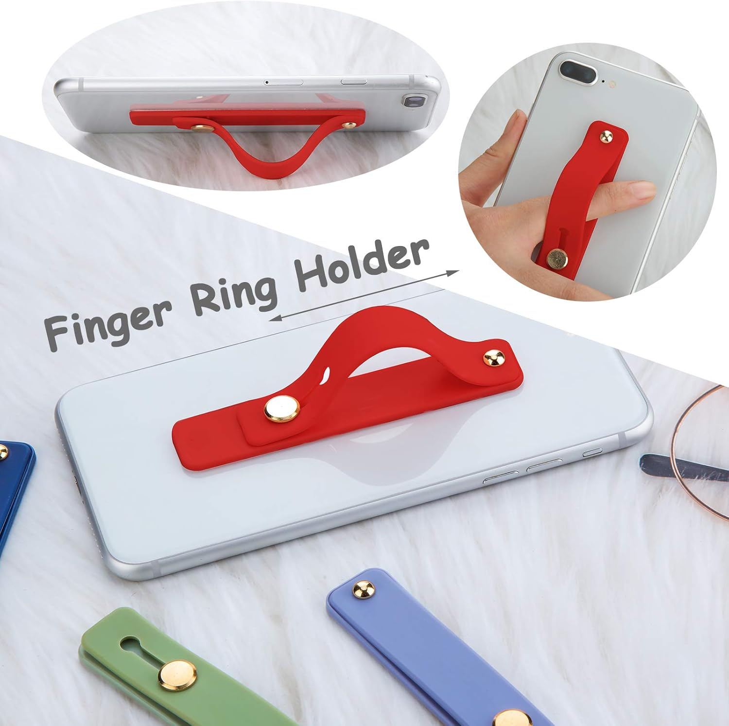 Ein roter Fingerring-Telefonhalter ist auf der Rückseite eines weißen Telefons zu sehen. Andere farbige Griffe sind sichtbar.