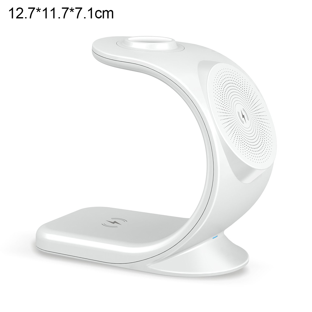 Ein weißer Ladeständer für mehrere Geräte mit einem geschwungenen Design und Ladepads. Abmessungen sind 12,7 * 11,7 * 7,1 cm.