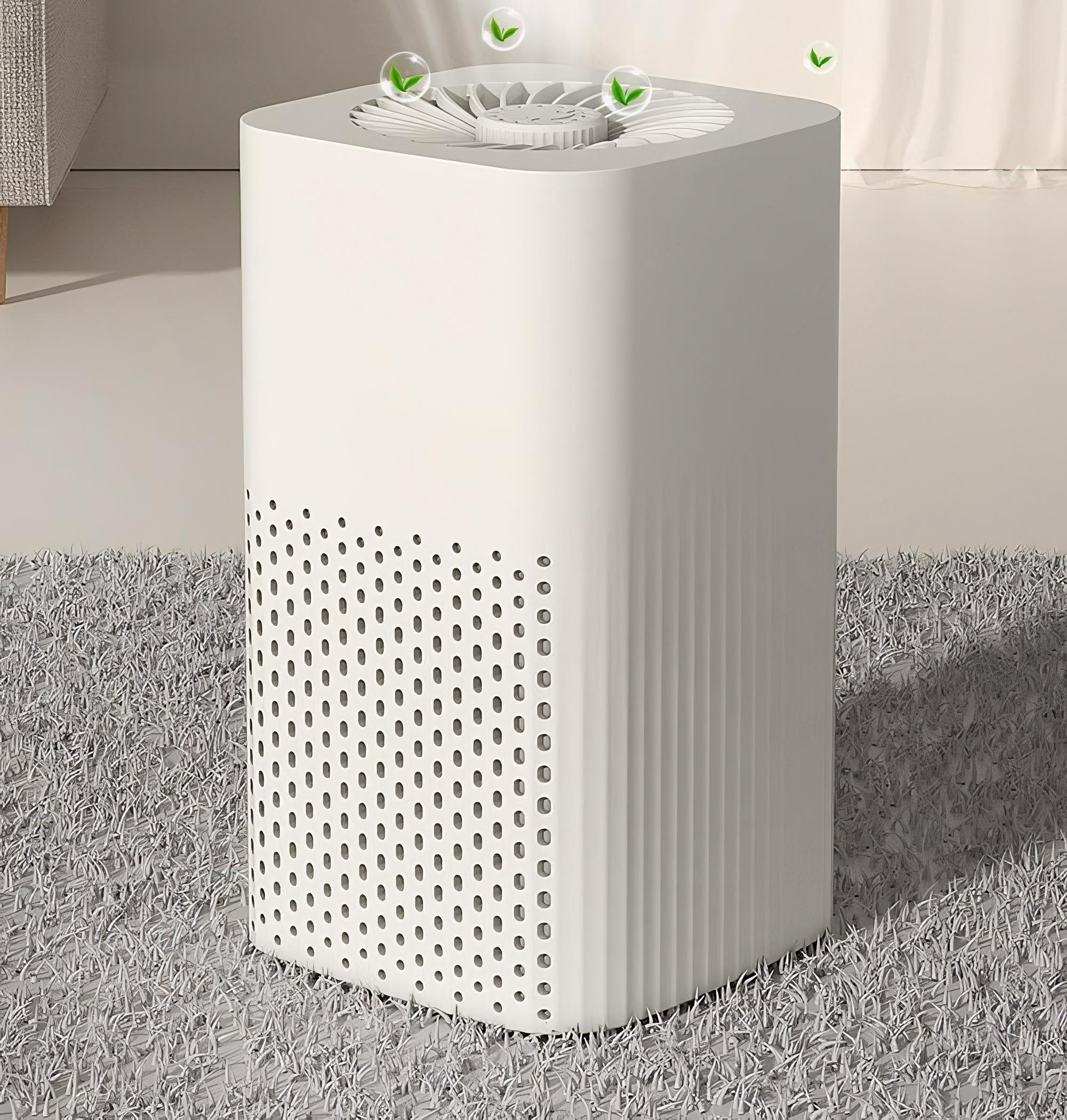 Weißer Luftreiniger auf einem grauen Teppich, der sein zylindrisches Design mit Lüftungsöffnungen und Reinigungsanzeigen zeigt.