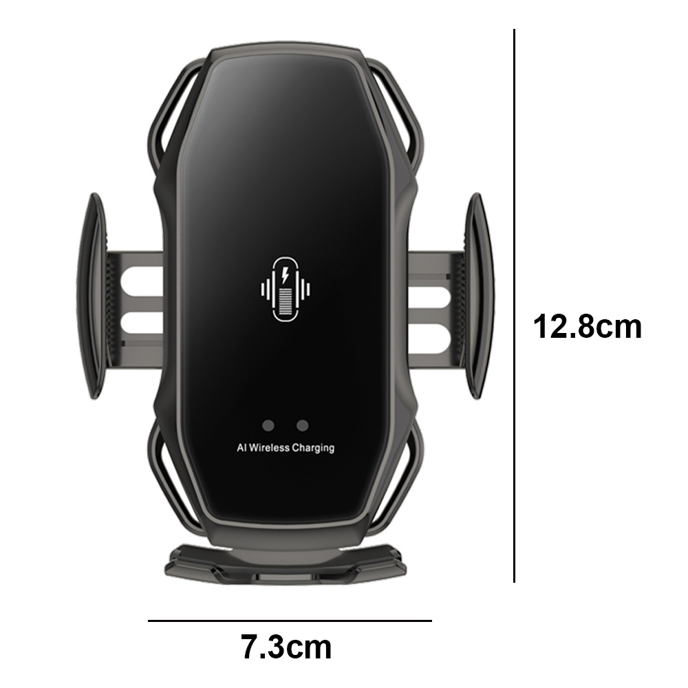 Abmessungen einer schwarzen kabellosen Autohalterung: 12,8 cm Höhe und 7,3 cm Breite, dargestellt auf weißem Hintergrund.
