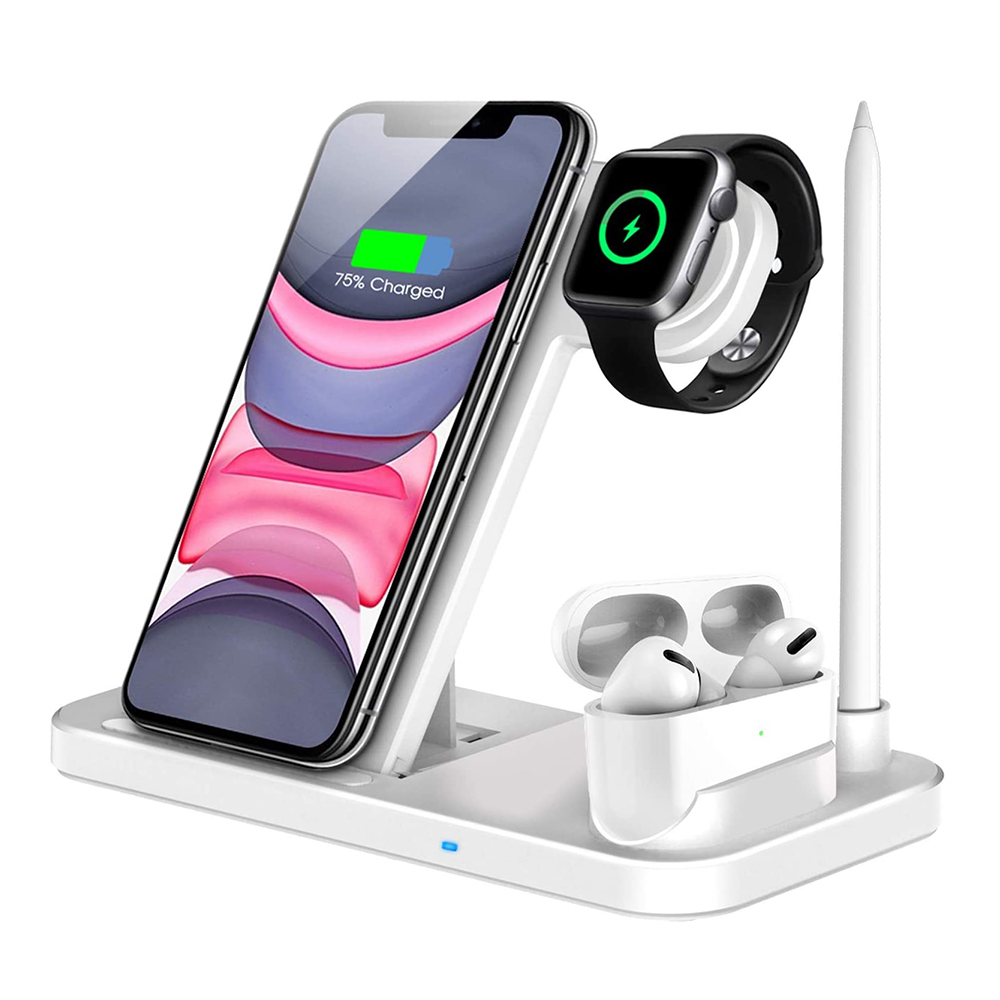 Weiße Ladestation mit Telefon, Uhr, Ohrhörern und Stift, die alle den Ladestatus anzeigen.