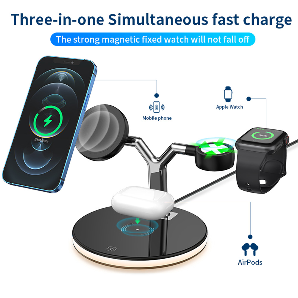 Eine Ladestation mit einem Telefon, einer Smartwatch und Ohrhörern mit magnetischer Saugwirkung für die Uhr und das Telefon.