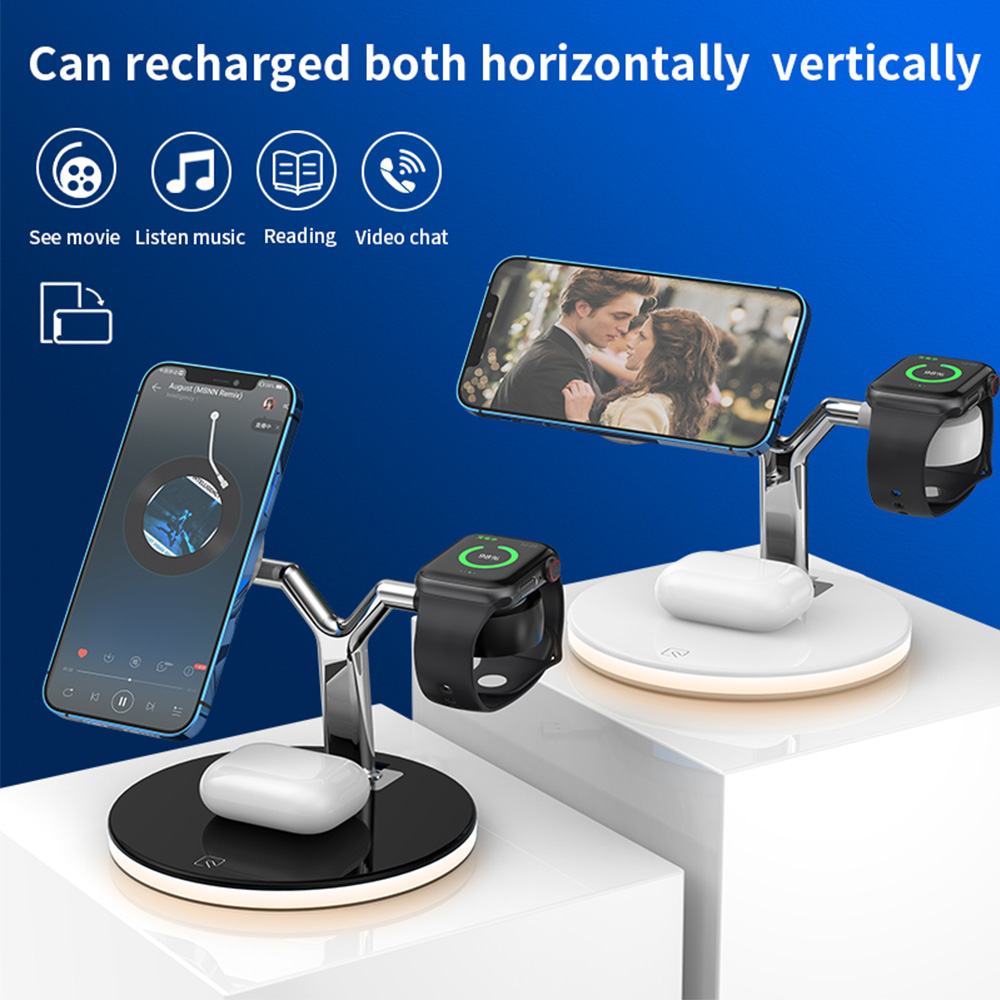 Zwei Ladestationen, die das vertikale und horizontale Laden eines Telefons, einer Smartwatch und von Ohrhörern zeigen.