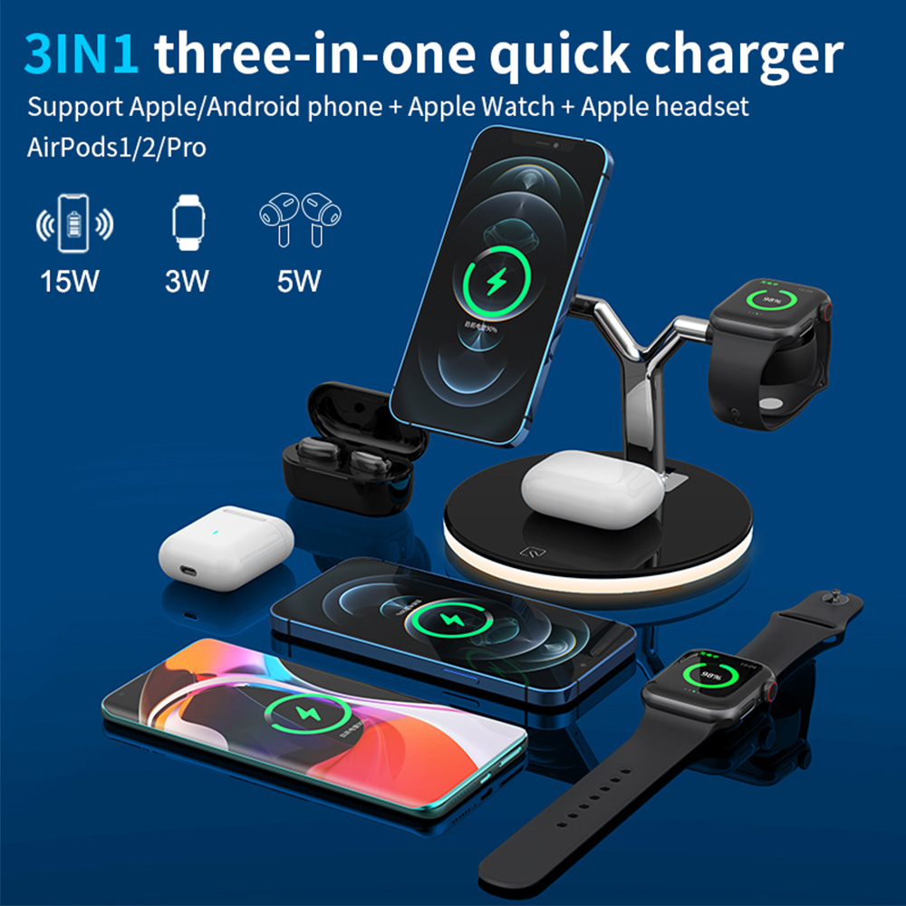 Eine 3-in-1-Ladestation, auf der mehrere Geräte gleichzeitig geladen werden, darunter Telefone, Uhren und Ohrhörer.