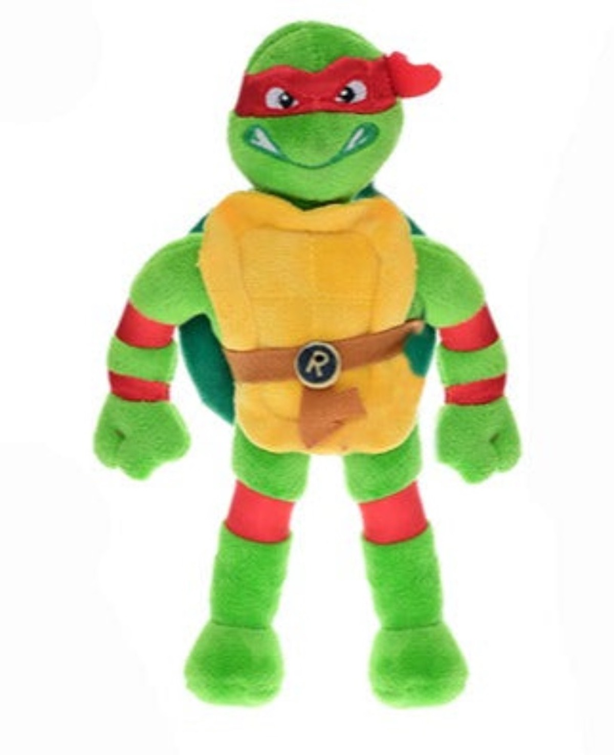Ein Plüschtier von Raphael von den Teenage Mutant Ninja Turtles mit einer roten Maske und einem gelben Panzer.