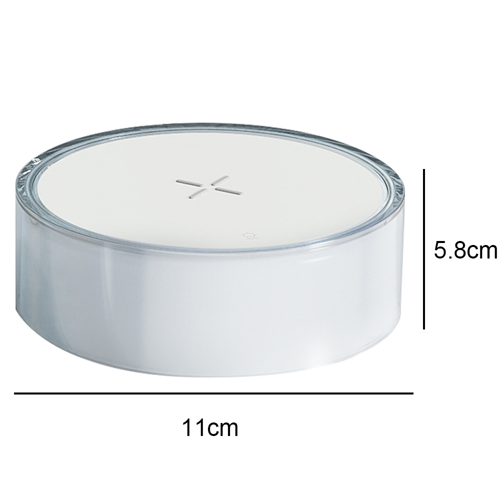 Weißer, kreisförmiger Luftbefeuchter mit den Maßen: 11 cm Breite und 5,8 cm Höhe.