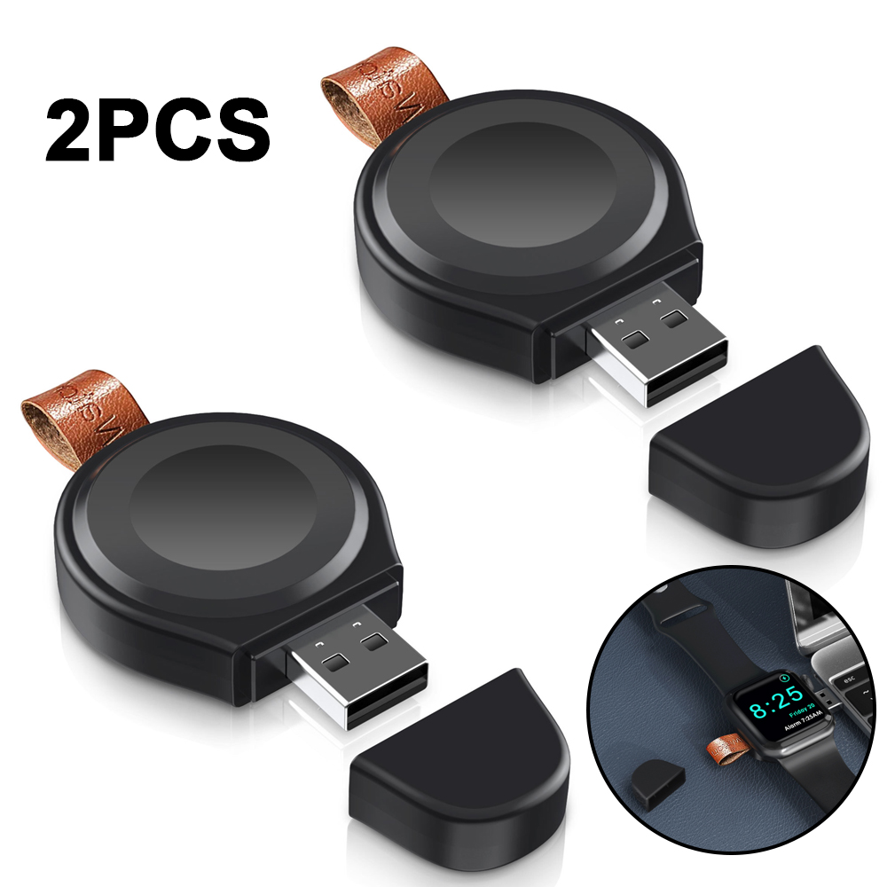 Zwei schwarze Apple Watch USB-Ladegeräte mit abnehmbaren Kappen und Lederarmbändern, beschriftet mit „2PCS“.
