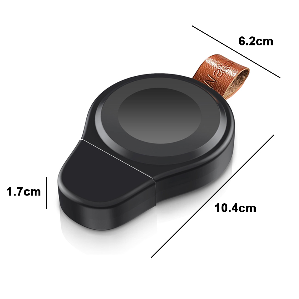 Schwarzes Apple Watch USB-Ladegerät mit Abmessungen: 1,7 cm, 6,2 cm und 10,4 cm.