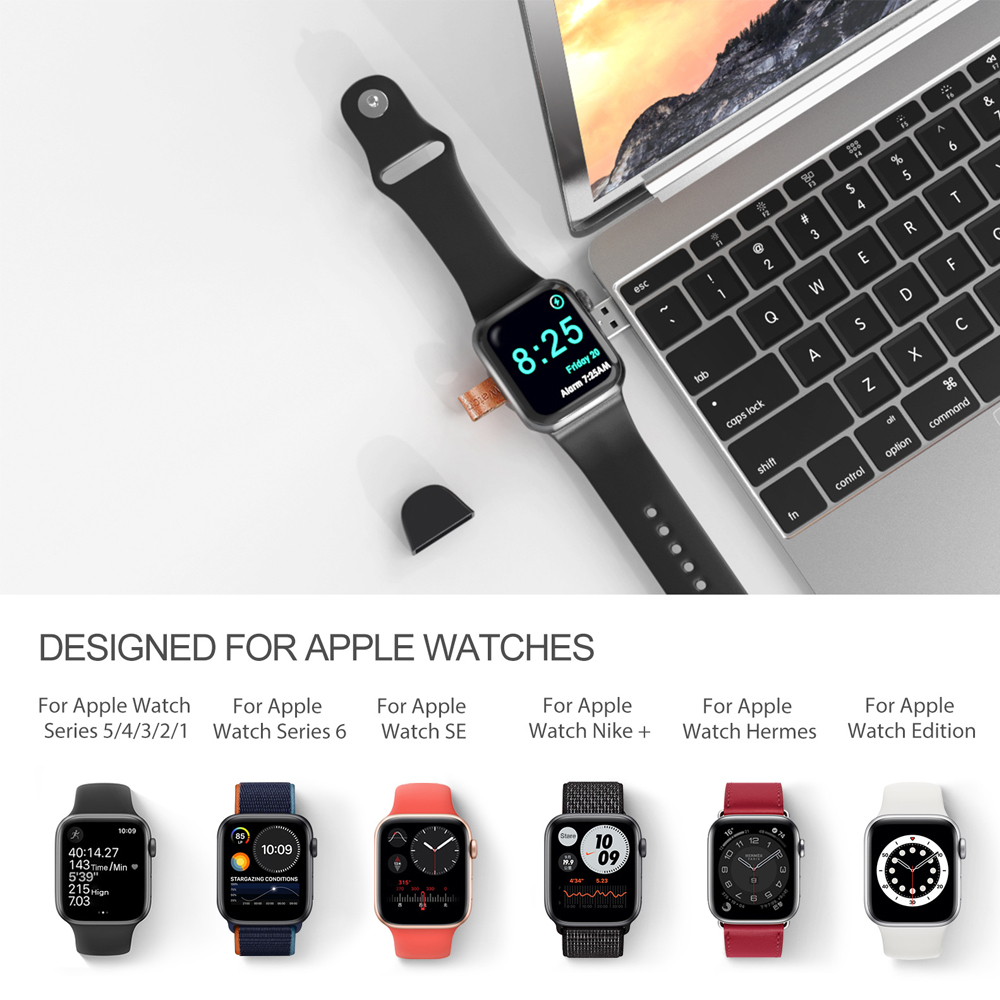 Apple Watch und Laptop mit Text, der die Apple Watch-Kompatibilität bewirbt, einschließlich der Serien 5/4/3/2/1.