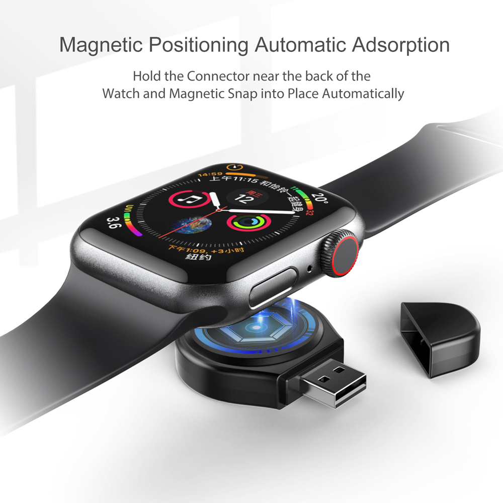 Apple Watch, das mit einem magnetischen USB-Ladegerät aufgeladen wird und automatische Adsorption demonstriert.