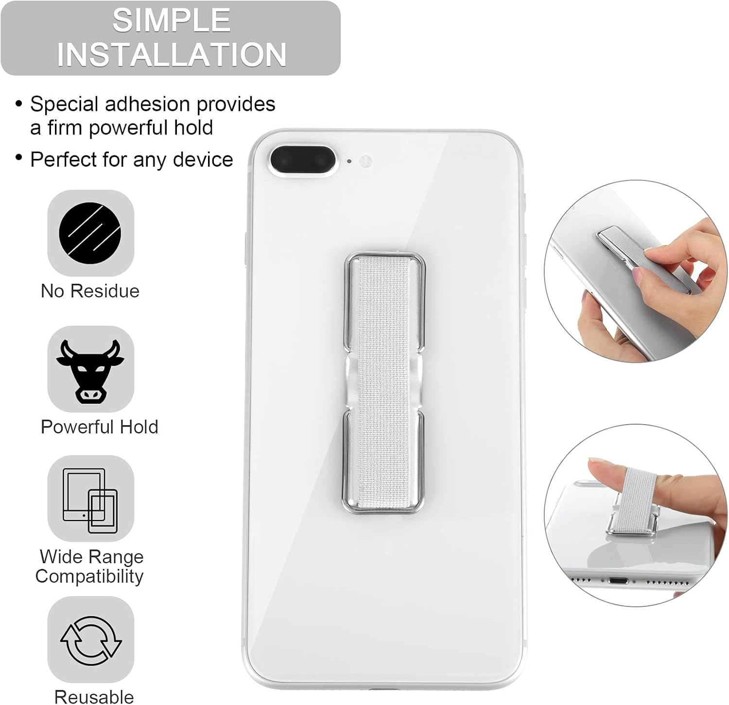 Ein weißes Telefon mit einem silbernen elastischen Fingerhalter auf der Rückseite, zusammen mit Text, der seine Funktionen beschreibt.