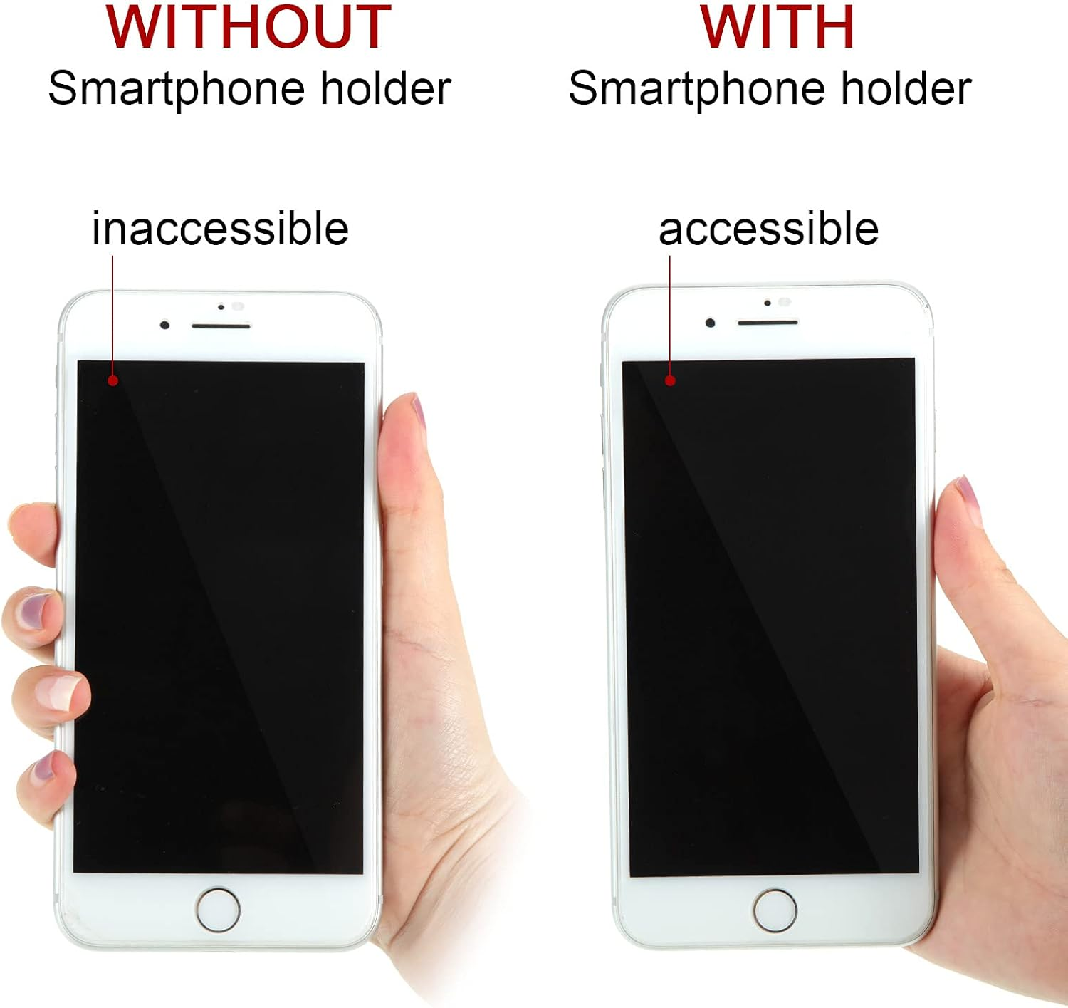 Vergleich der Telefonzugänglichkeit mit und ohne Fingerhalter, der eine verbesserte Reichweite zeigt.