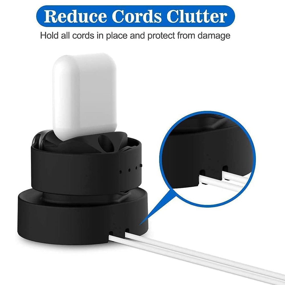 Ein schwarzer Kabelorganisator hält ein weißes Kabel. Der Text lautet: „Reduce Cords Clutter“.