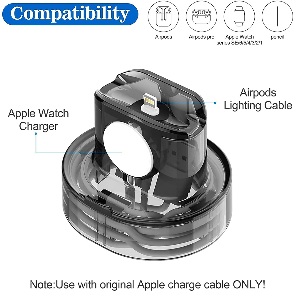 Ein durchsichtiger Kunststoff-Organizer kann AirPods, AirPods Pro, eine Apple Watch und einen Stift aufnehmen.