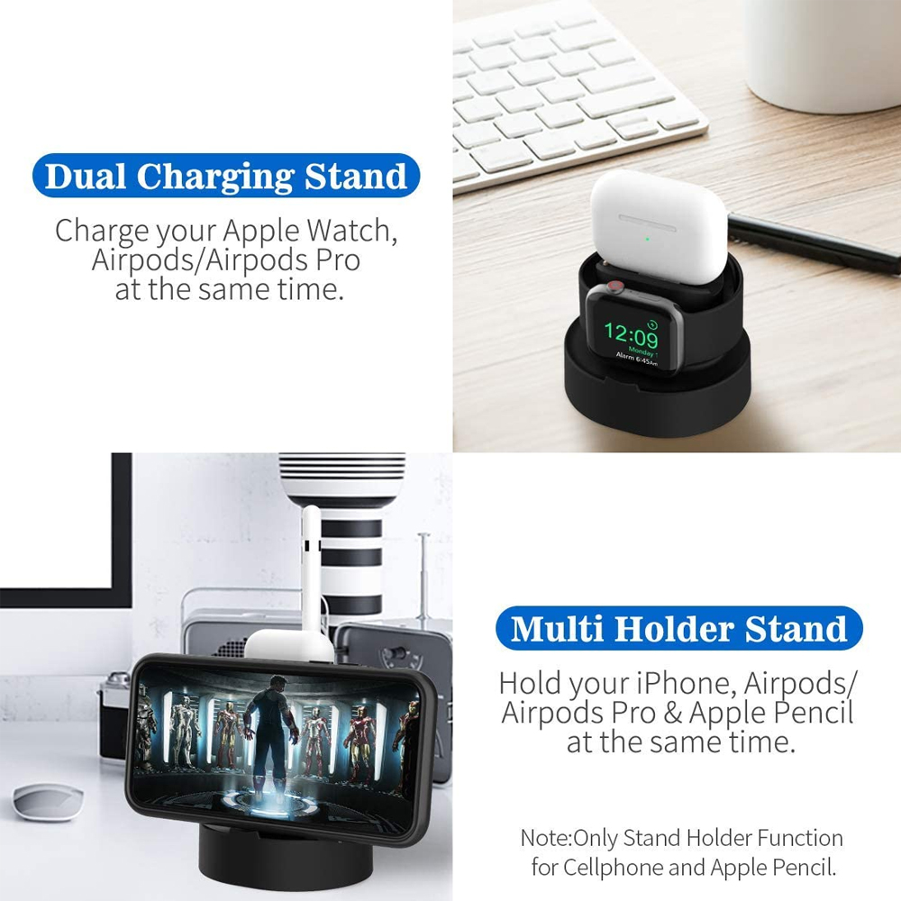 Ein dualer Ladeständer hält eine Apple Watch und AirPods. Ein Multi-Halter-Ständer hält ein Telefon.