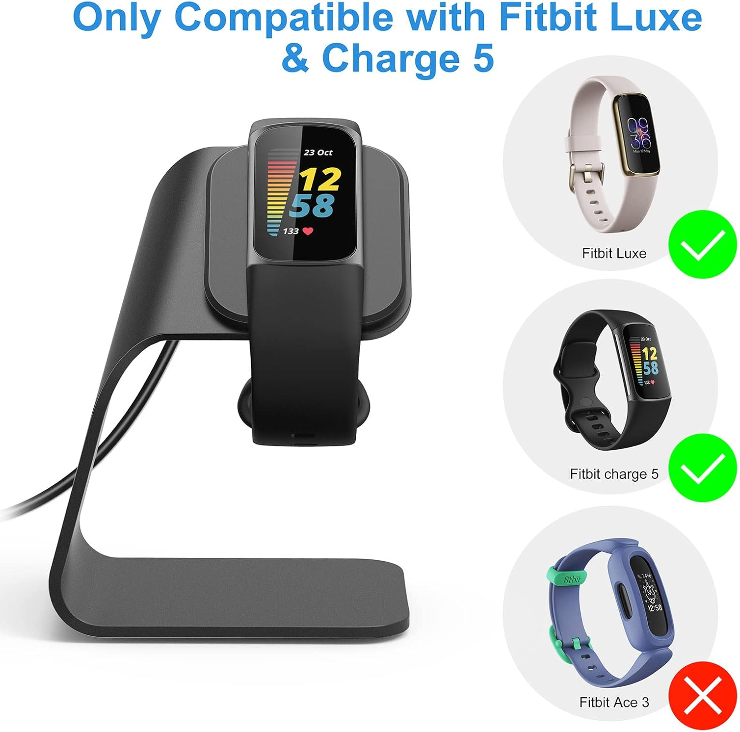 Ein schwarzer Fitnesstracker wird auf einem schwarzen Ständer aufgeladen, zusammen mit kompatiblen Geräten, die durch grüne Häkchen hervorgehoben werden.
