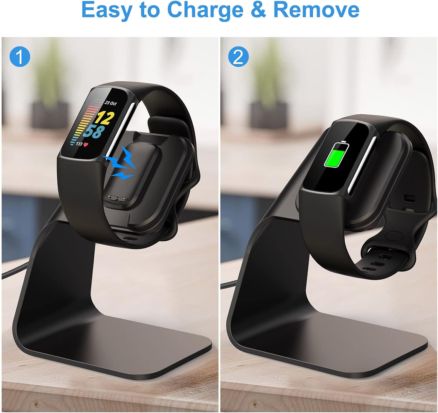 Zwei Bilder zeigen einen schwarzen Fitnesstracker, der auf einem schwarzen Ständer mit einem Ladebatteriesymbol aufgeladen wird.