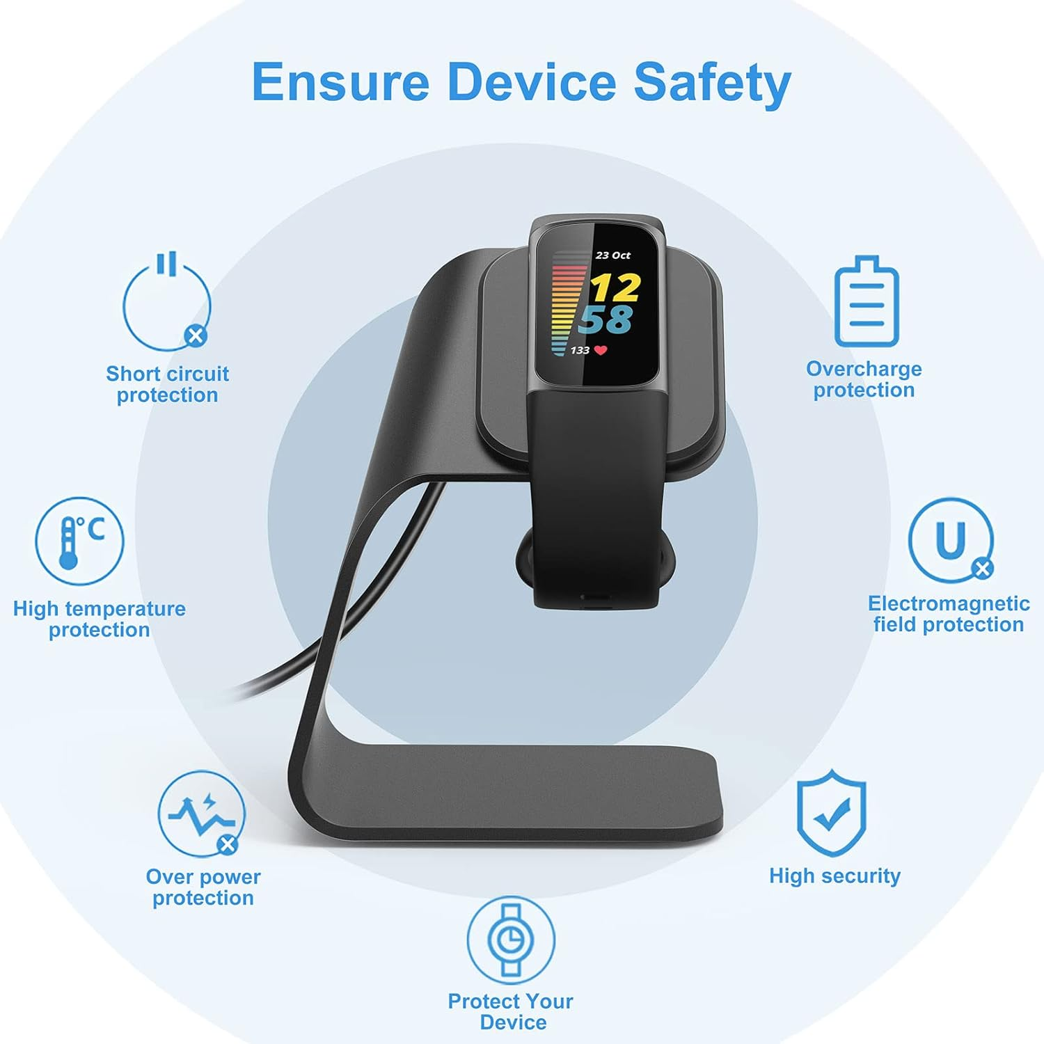 Ein schwarzer Fitnesstracker wird auf einem schwarzen Ständer aufgeladen, umgeben von Gerätesicherheitssymbolen in einer blau gestalteten Grafik.