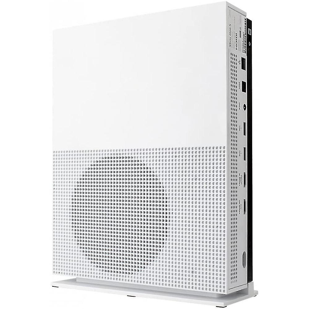 Eine weiße Xbox One S-Konsole steht aufrecht mit sichtbaren Anschlüssen und Lüftungslöchern.