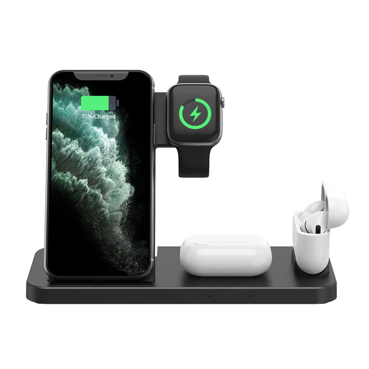 Eine Ladestation mit Telefon, Uhr und Ohrhörern. Das Telefon zeigt 75 % geladen an. Die Uhr hat ein grünes Ladesymbol.