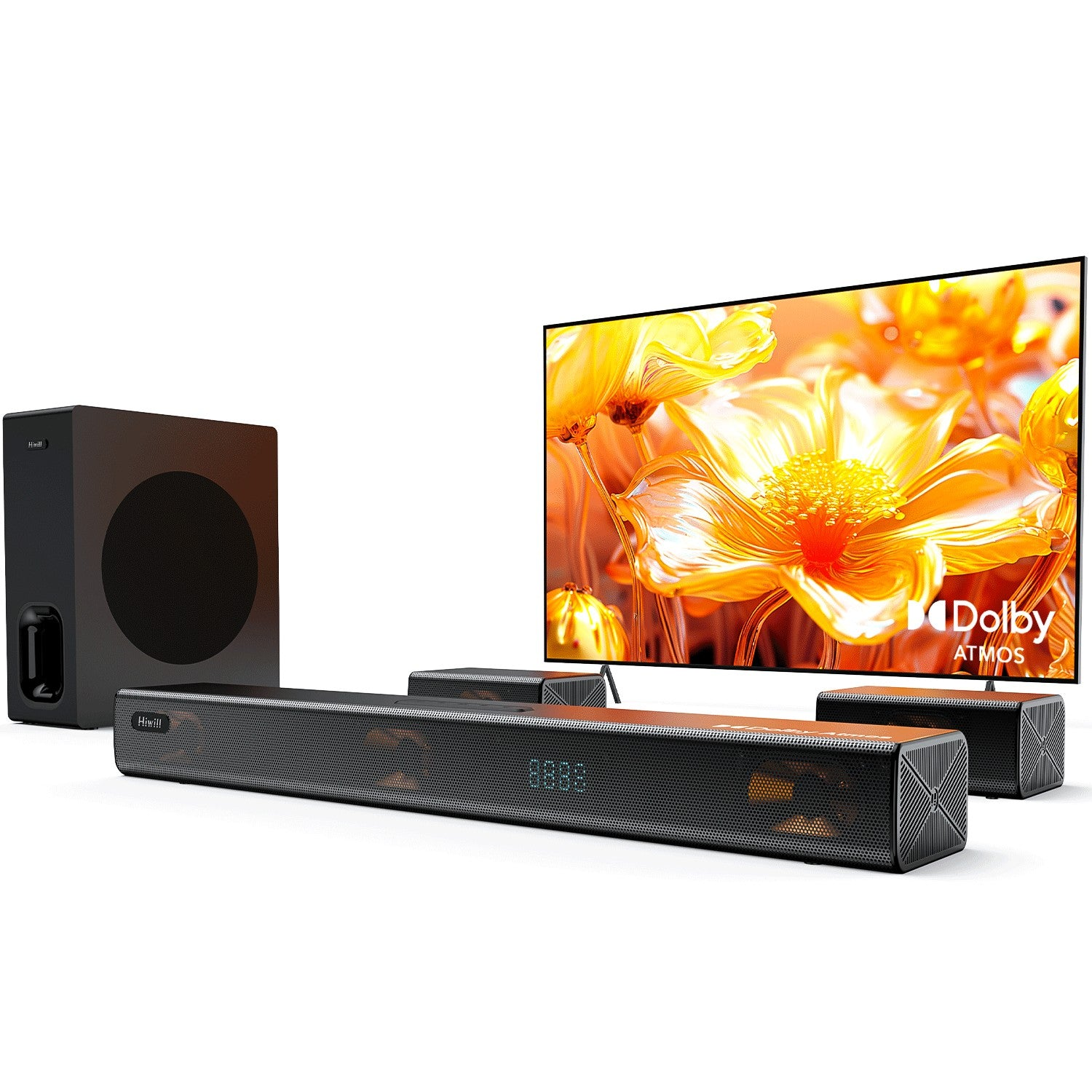 Ein schwarzes Soundsystem umfasst einen Fernseher, eine Soundbar, einen Subwoofer und zwei Satellitenlautsprecher vor einem weißen Hintergrund.