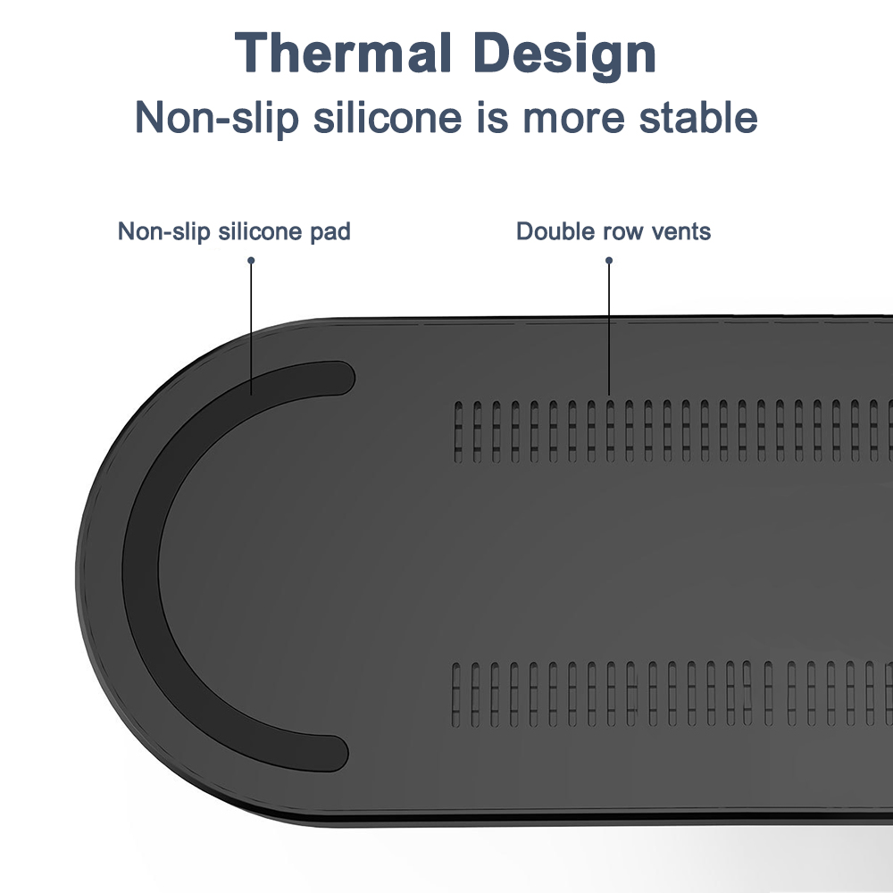 Die Unterseite einer schwarzen Ladestation verfügt über ein rutschfestes Silikonpad und doppelte Belüftungsreihen für das thermische Design.