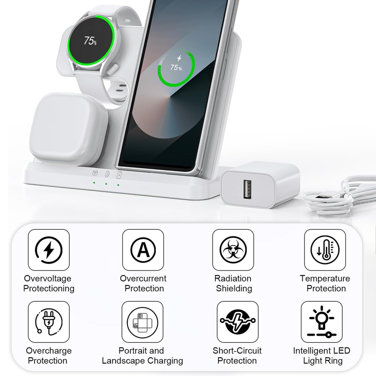 Eine Ladestation mit Telefon und Uhr, die 75 % Ladung anzeigen, zusammen mit Symbolen, die Sicherheitsmerkmale anzeigen.