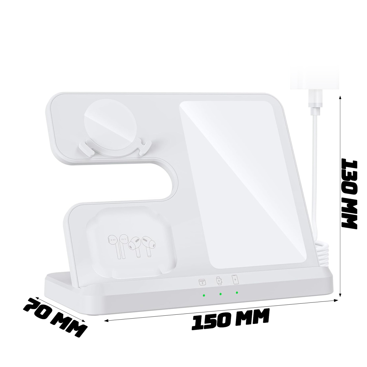 Eine weiße Ladestation mit Plätzen für Telefon, Uhr und Ohrhörer, mit den Maßen: 70 mm, 150 mm und 130 mm.