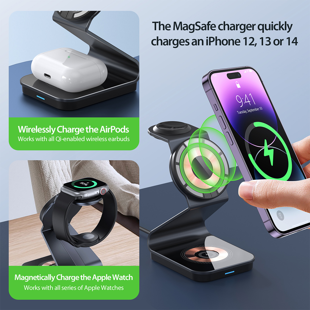 Eine kabellose Ladestation mit mehreren Geräten: iPhone, AirPods und Apple Watch.