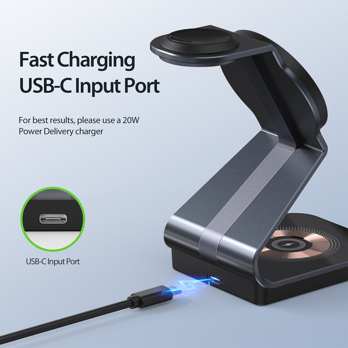 Eine Ladestation mit einem USB-C-Anschluss. Ein Kabel ist angeschlossen, der Anschluss ist hervorgehoben.
