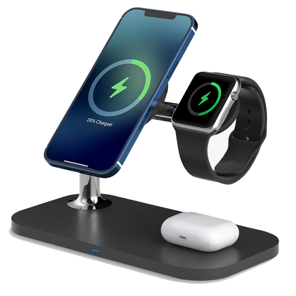Eine Ladestation mit Telefon, Uhr und AirPods. Das Telefon zeigt eine Ladeanzeige.