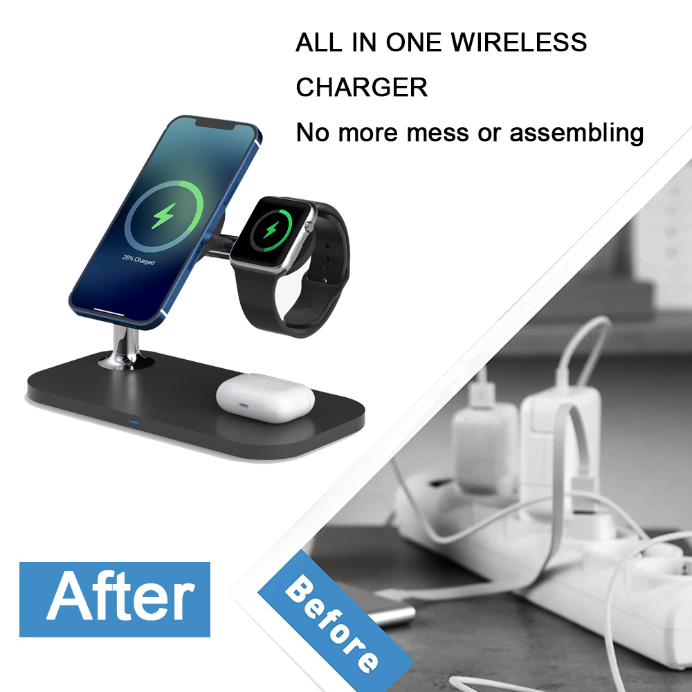 Ein kabelloses Multi-Geräte-Ladegerät mit einem Telefon, einer Smartwatch und Ohrhörern, mit Text, der vorher und nachher zeigt.