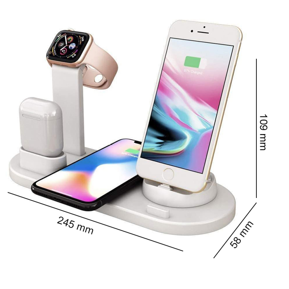 Eine weiße Ladestation hält ein Telefon, eine Uhr und AirPods. Der Telefonbildschirm zeigt eine aufladende Batterie.