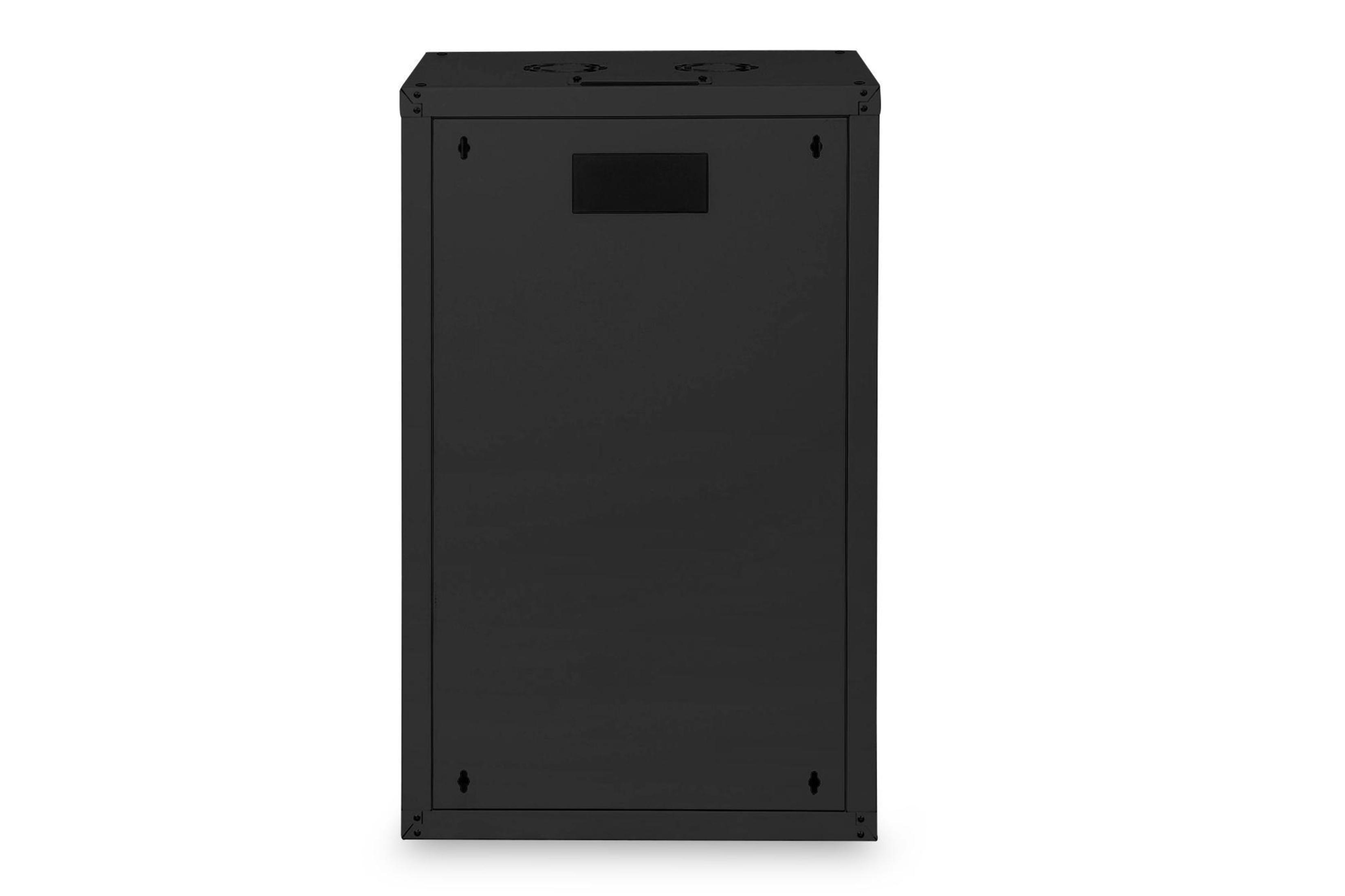 Ein schlichter schwarzer Serverschrank von hinten, mit Montagelöchern und einer rechteckigen Platte.