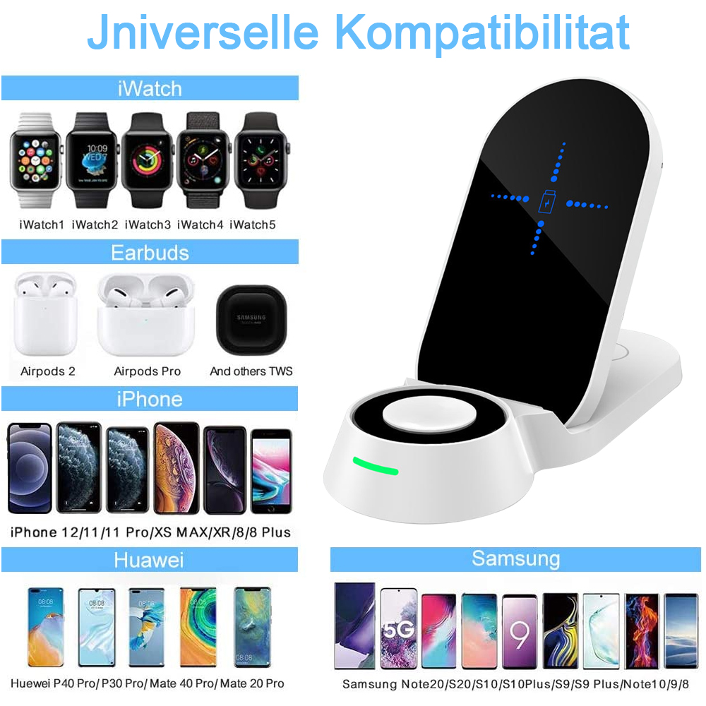 Eine kabellose Ladestation, die die Kompatibilität mit verschiedenen Geräten wie iWatch und iPhone zeigt.