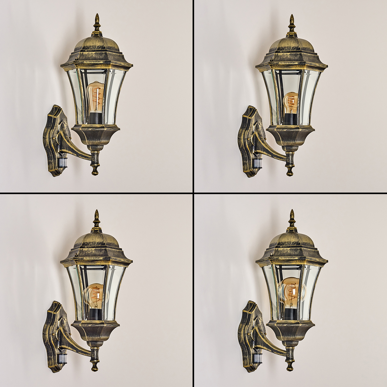 Vier bronzefarbene Außenwandleuchten mit klarem Glas und einem Bewegungssensor an einer weißen Wand.