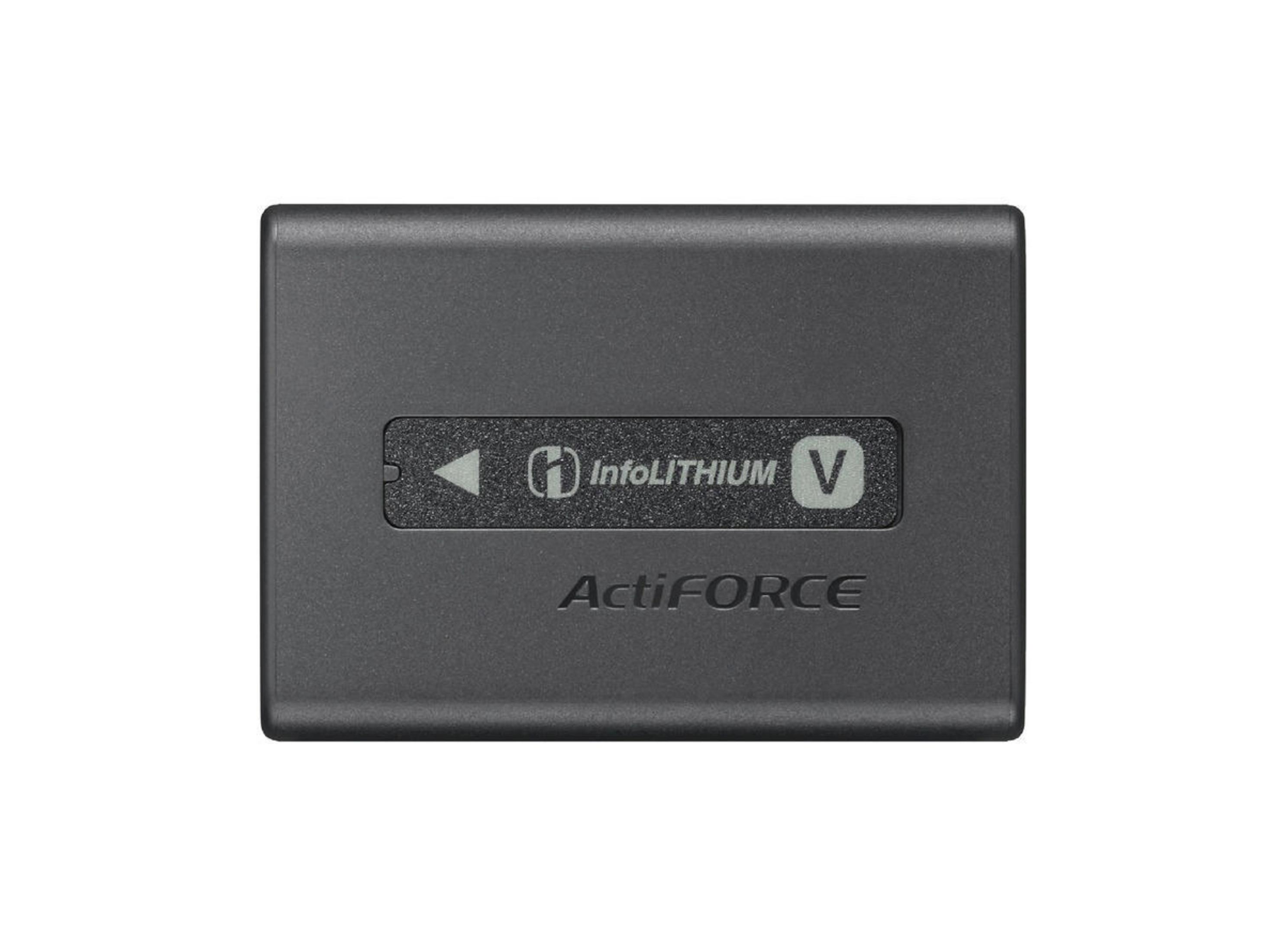 Ein grauer InfoLITHIUM-Akkupack mit ActiFORCE-Branding und einem nach links zeigenden Dreieck.