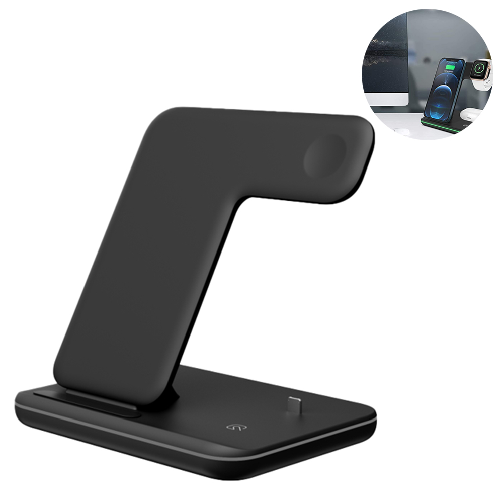 Eine elegante schwarze Ladestation mit minimalistischem Design, mit einem Ständer für eine Smartwatch und einem Ladepad für andere Geräte.